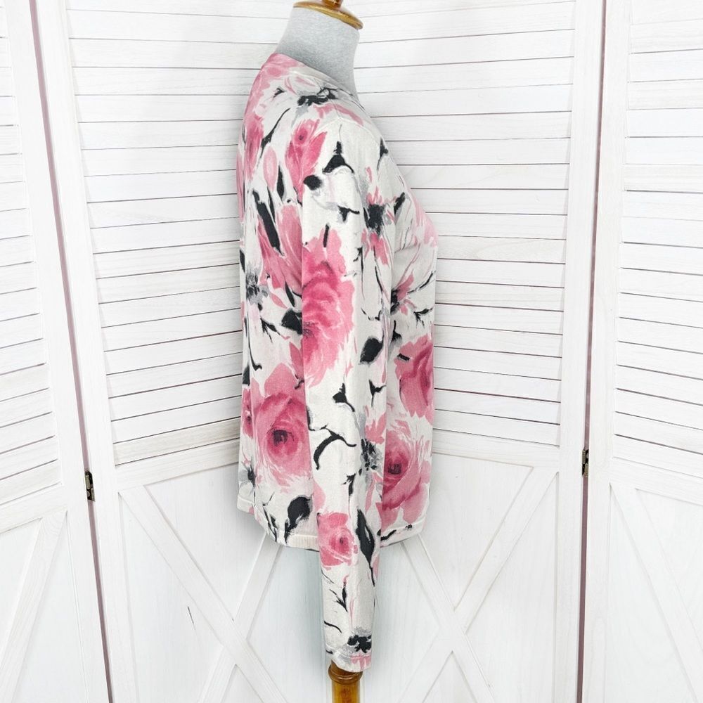 Jones New York Floral Silk Blend V Neck Cardigan Sweater‎ Cream Pink Medium - Picture 3 of 12